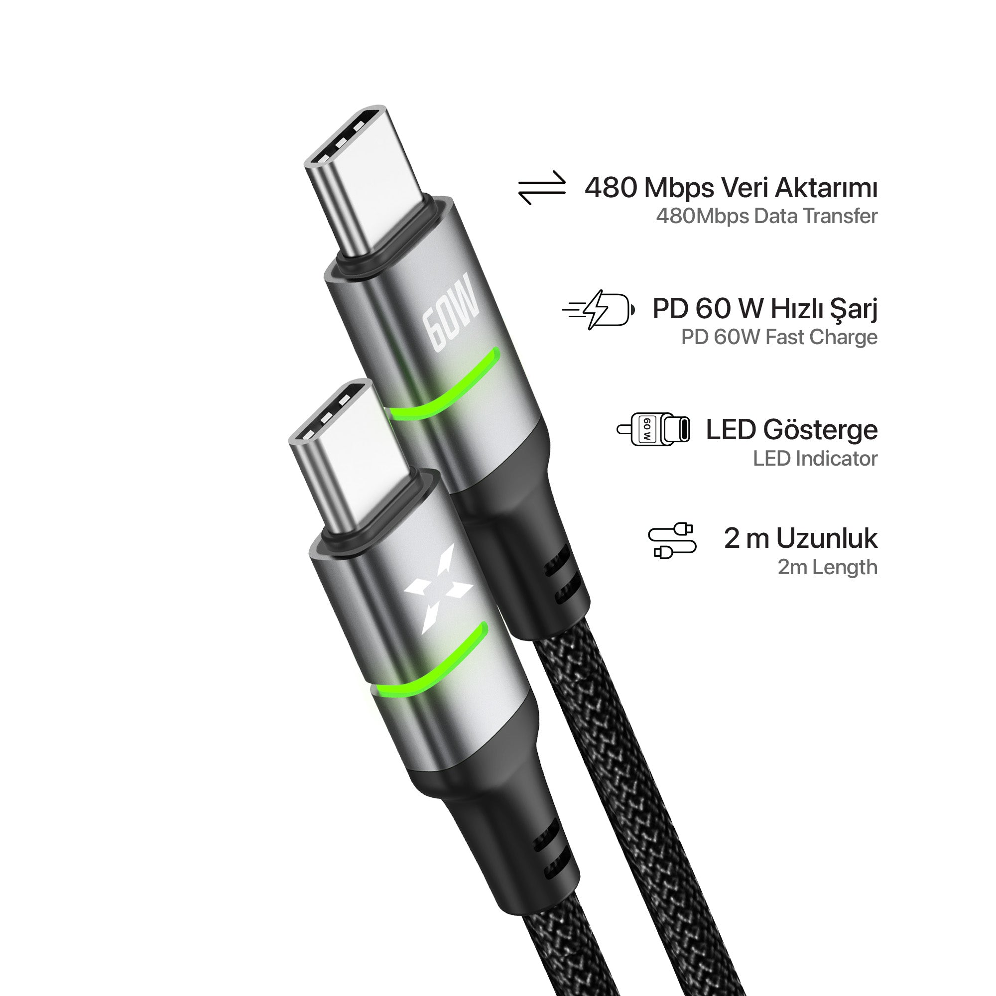 Type C Hızlı Şarj Kablosu | Type-C to Type-C, 60W, 480 Mpbs, 2m, PD, Örgü, Led Göstergeli (X6422)