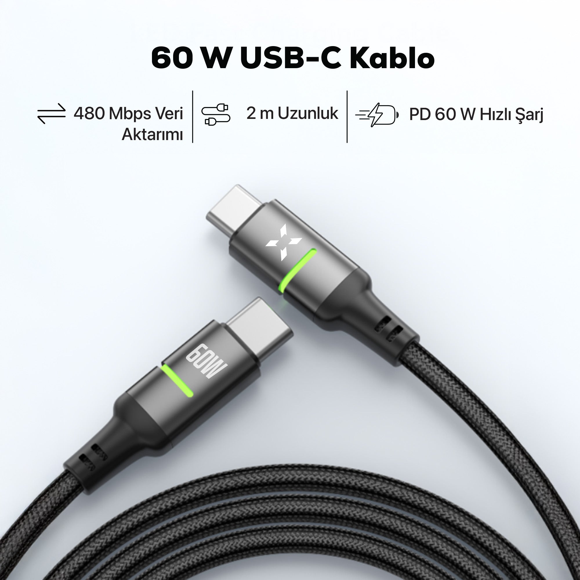 Type C Hızlı Şarj Kablosu | Type-C to Type-C, 60W, 480 Mpbs, 2m