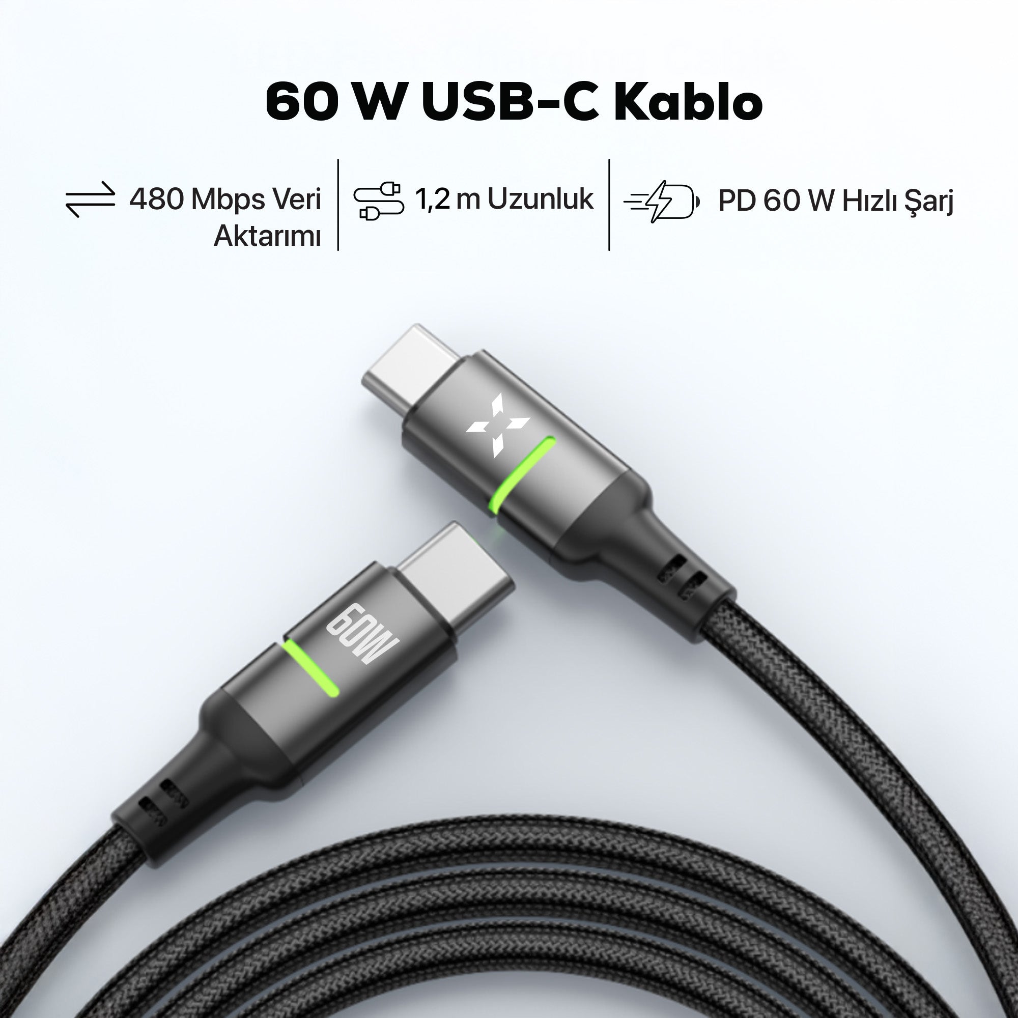 Type C Hızlı Şarj Kablosu | Type-C to Type-C, 60W, 480 Mbps, 1.2m, PD, Örgü, Led Gösterge (X6421)