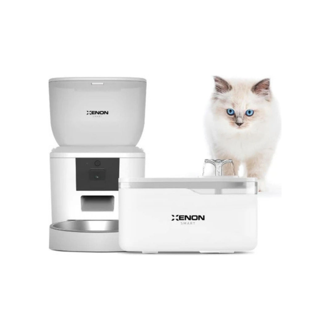 Otomatik Mama Kabı (Kameralı) ve Kedi Su Pınarı (Beyaz) | 2'li Set, Wifi, Mobil Kontrollü