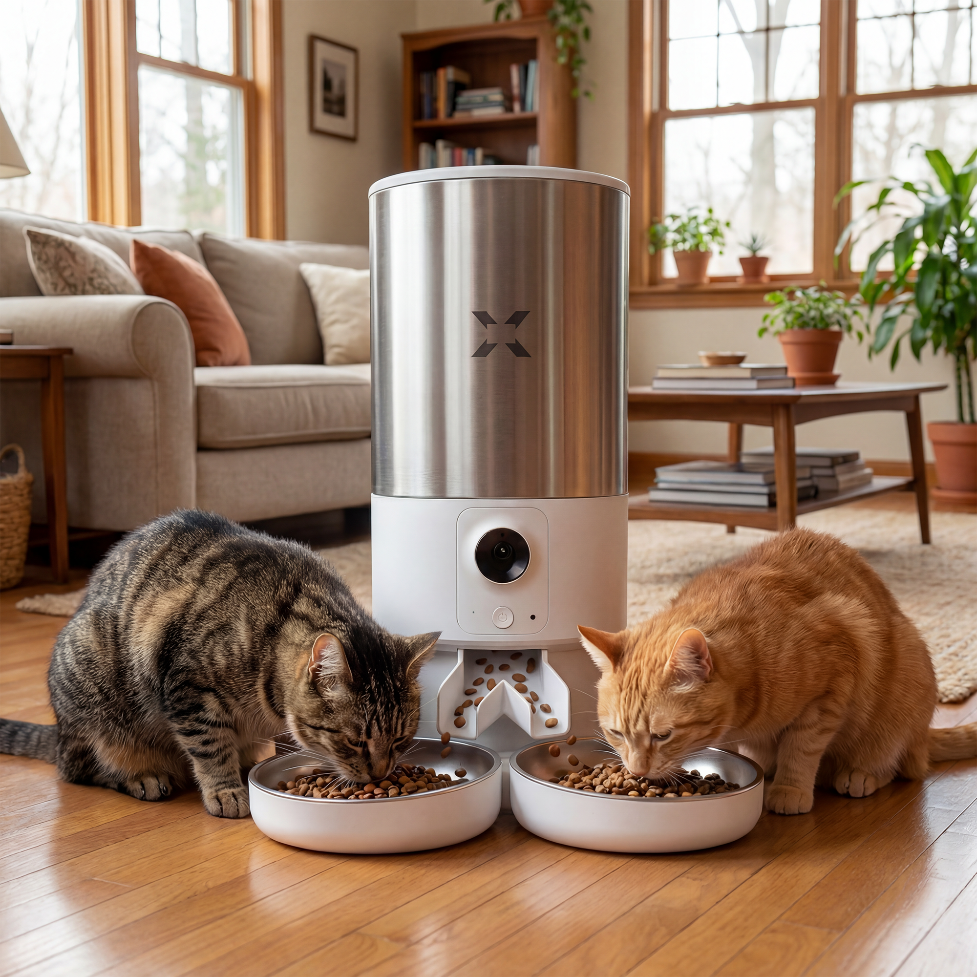 Akıllı Çelik Mama Kabı (Kameralı) & Çift Kase Kiti | Paslanmaz Çelik Hazneli, Mama Bildirimi, 5L, Çelik, Sesli Görüş Destekli Set