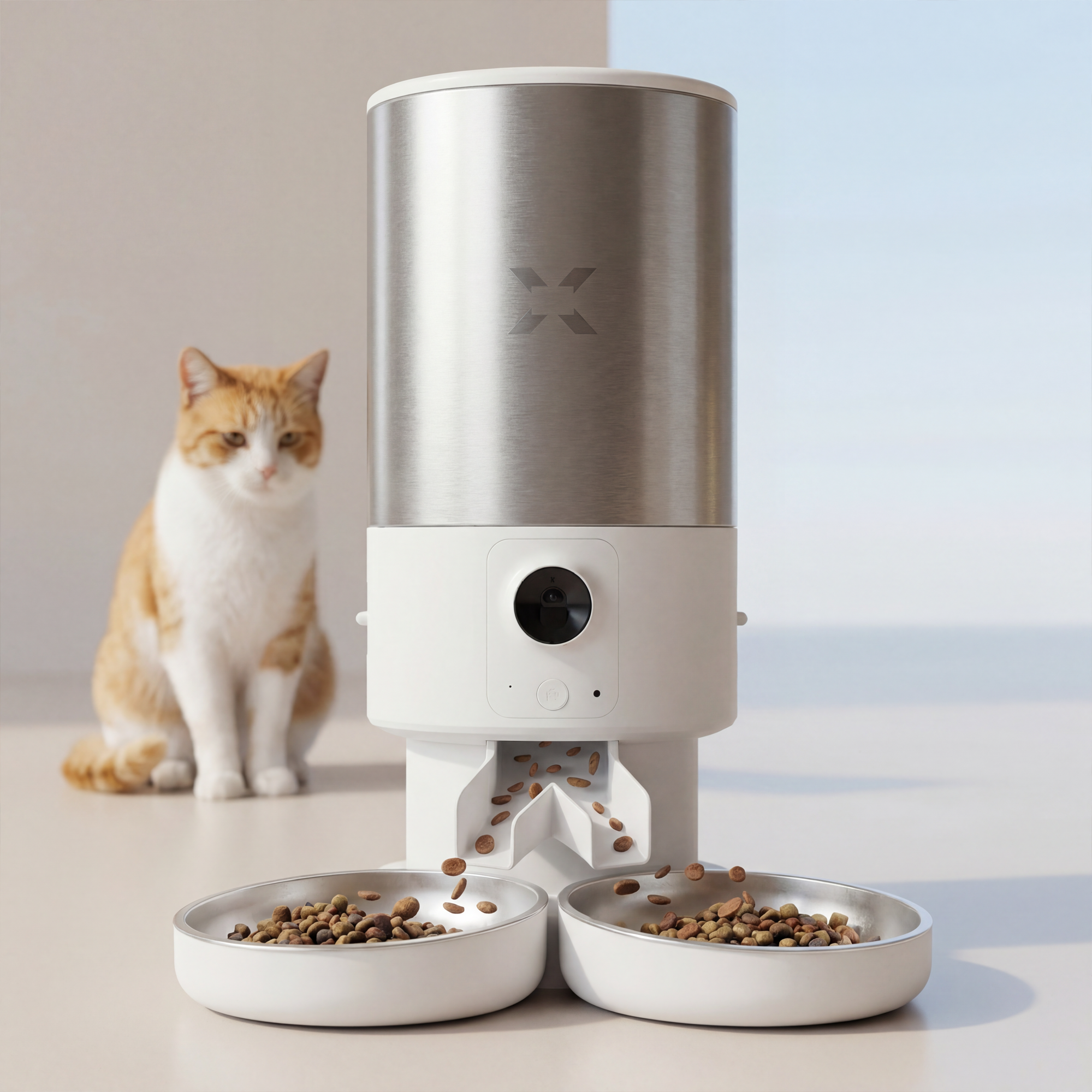 Akıllı Çelik Mama Kabı (Kameralı) & Çift Kase Kiti | Paslanmaz Çelik Hazneli, Mama Bildirimi, 5L, Çelik, Sesli Görüş Destekli Set