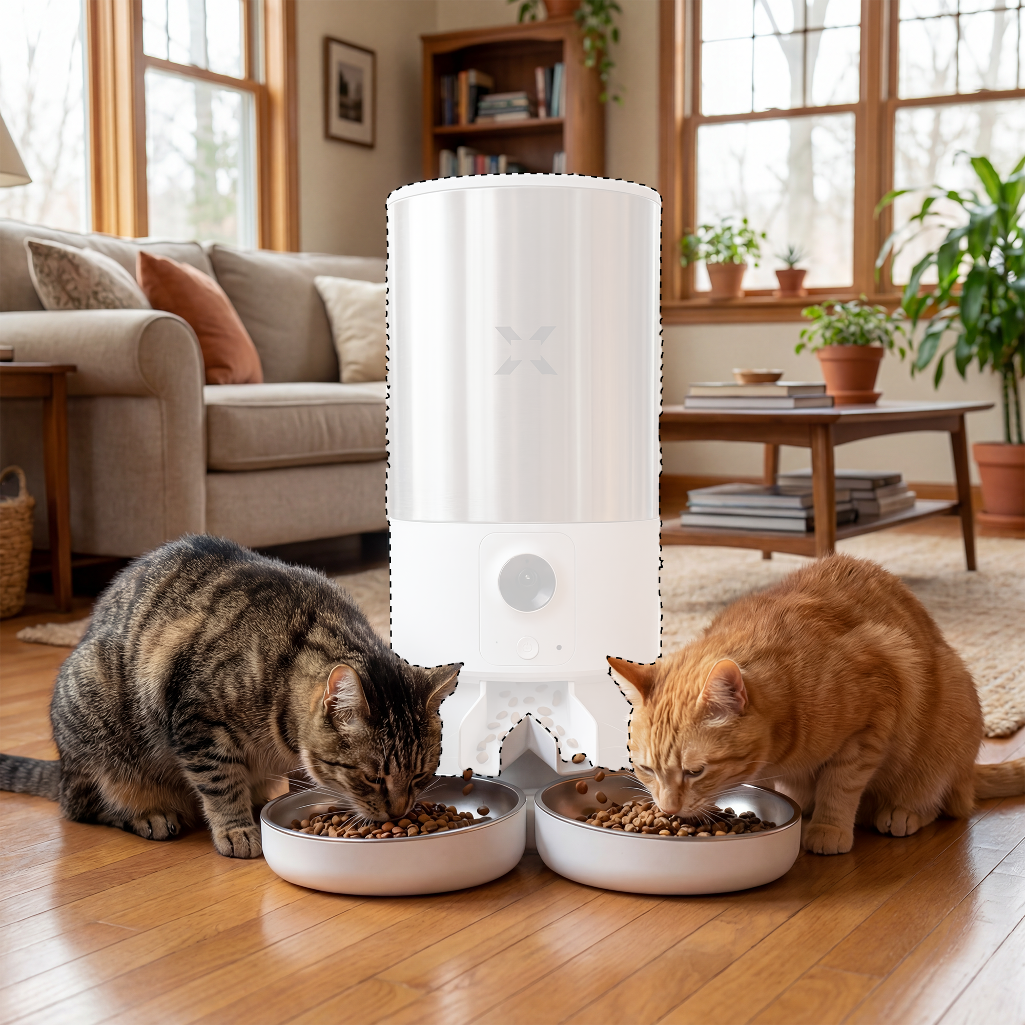 Akıllı Çelik Mama Kabı (Kameralı) & Çift Kase Kiti | Paslanmaz Çelik Hazneli, Mama Bildirimi, 5L, Çelik, Sesli Görüş Destekli Set