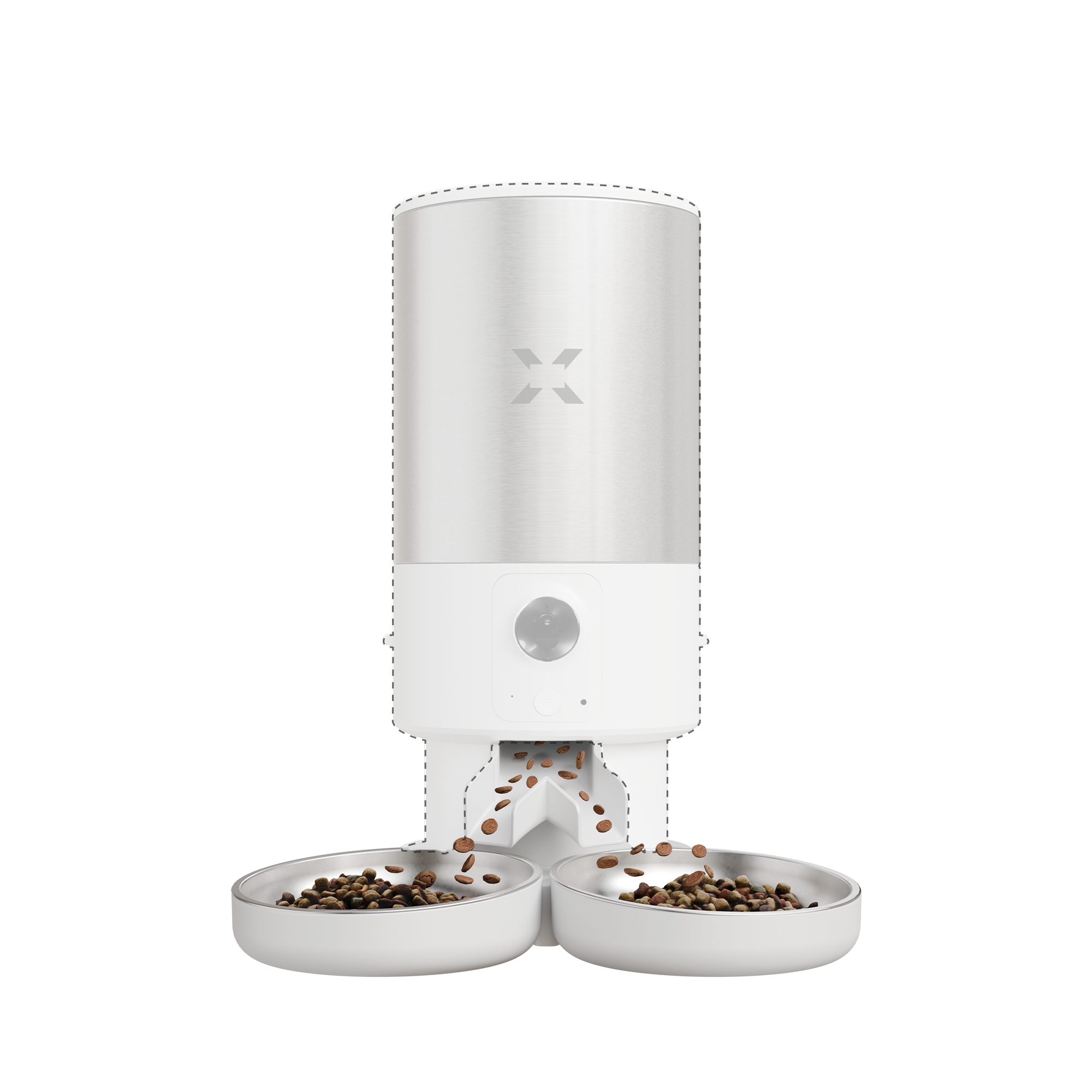 Akıllı Çelik Mama Kabı (Kameralı) & Çift Kase Kiti | Paslanmaz Çelik Hazneli, Mama Bildirimi, 5L, Çelik, Sesli Görüş Destekli Set