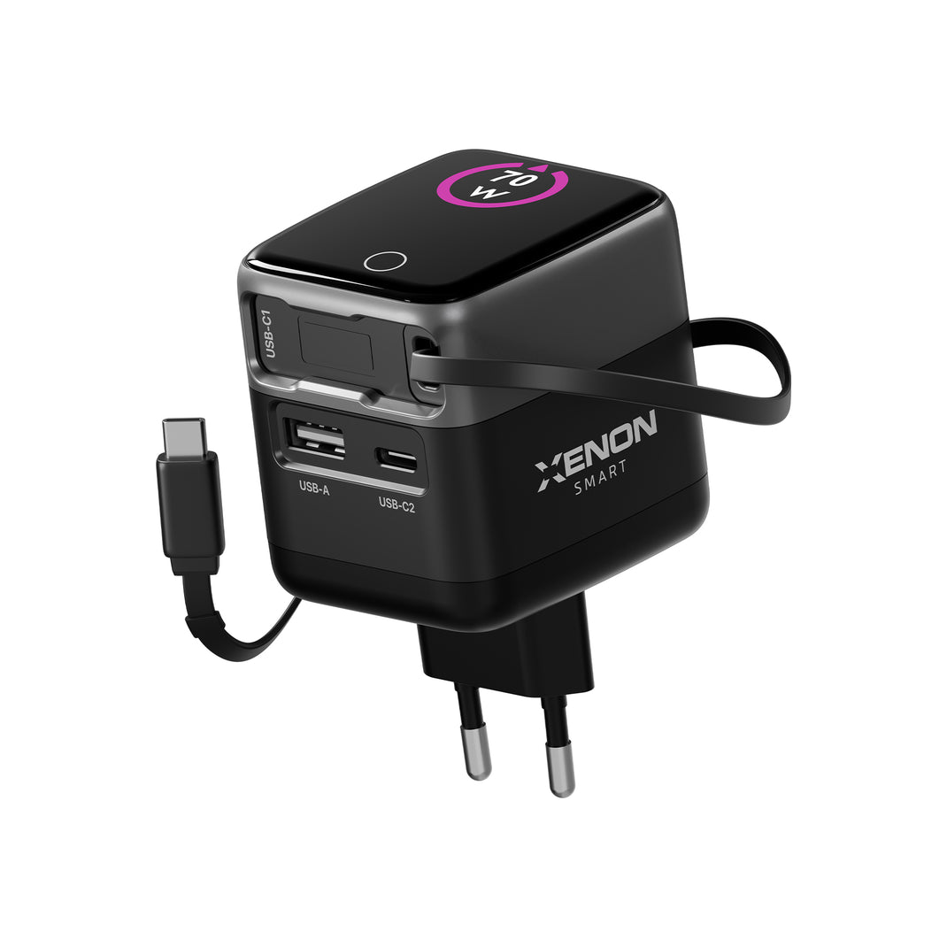 Hızlı Şarj Adaptörü | 70W, GaN, USB-C & USB-A, Dahili Type-C Kablo, PD PPS, Dijital Ekran (X6413)